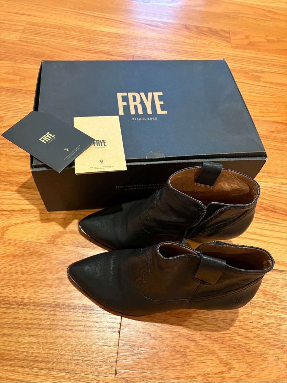 FRYE Black Pointed Leather Reina Ankle Booties with Side Zip - Picture 11 of 14